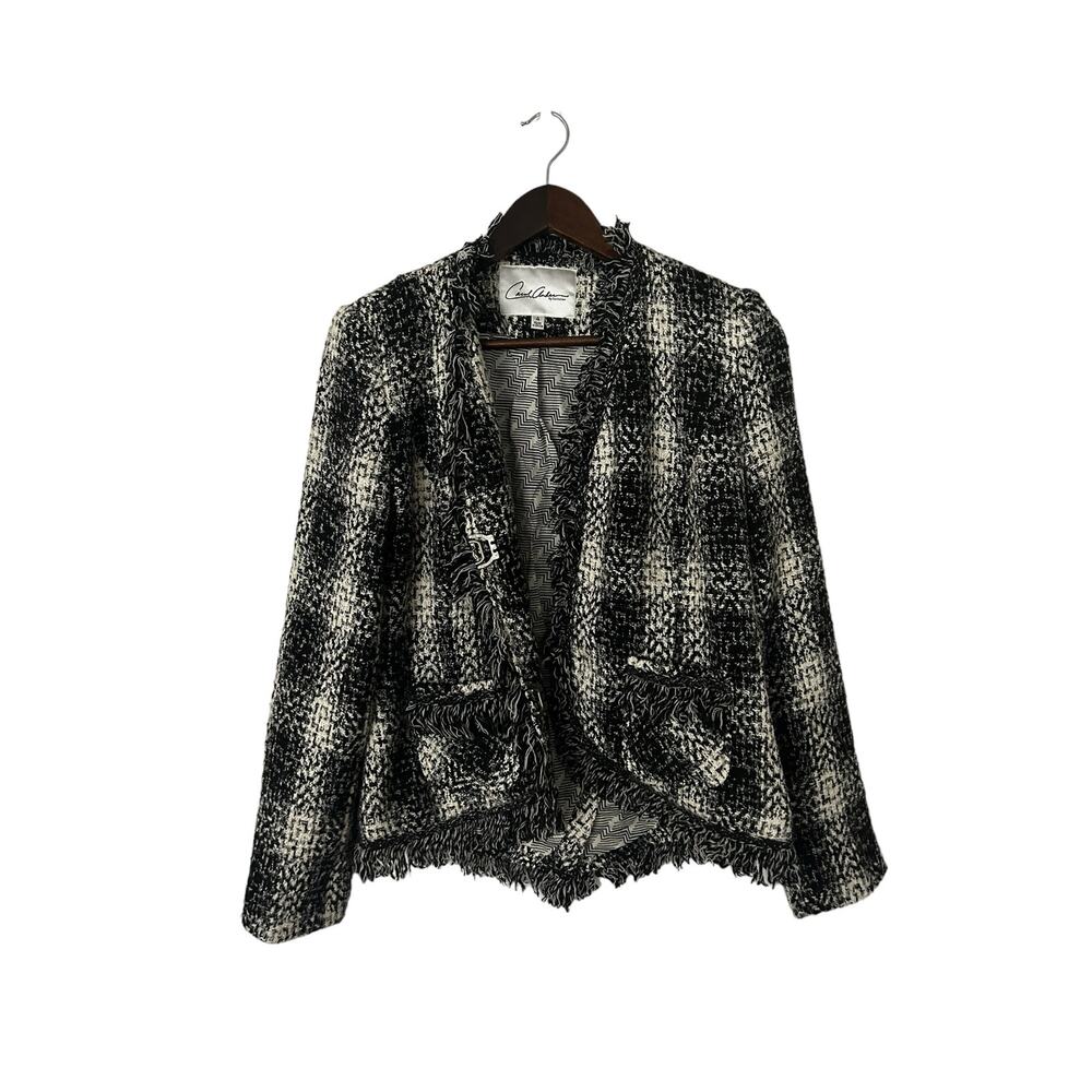 Carol Anderson By Invitation Cabi Sz 4 Black Plaid‎ Fringed Tweed Jacket Blazer